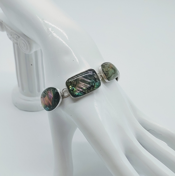 Vintage Sterling Silver Lucas Lameth Abalone Link Toggle Bracelet - Picture 3 of 12